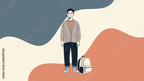 Casual young man standing outdoors with backpack in a stylized illustration