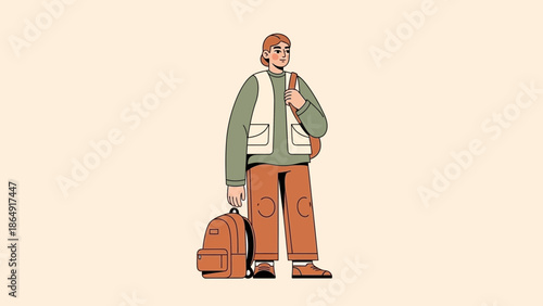 Young student with backpack and casual attire standing confidently against a plain background