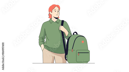 Young woman standing with backpack and casual attire ready for travel or school activities