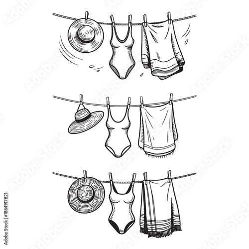 Hand Drawn Beachwear on Clothesline Vector Set, Summer Vacation Line Art