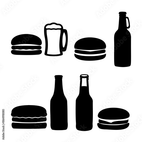 Classic fast food and beer icons featuring burgers, bottles, and a foamy mug