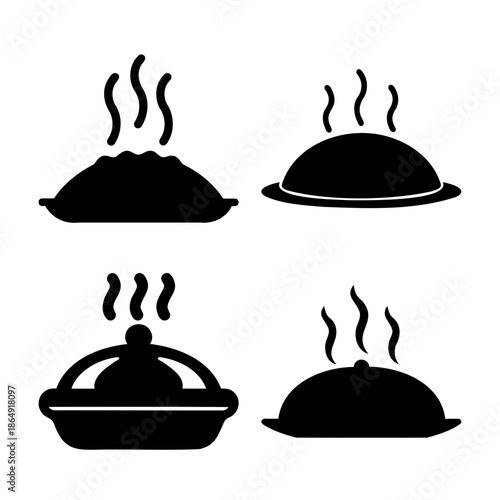 Hot meal service icons: variety of steaming food dishes for restaurant and catering