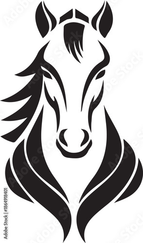A bold, minimalist black-and-white tribal-style vector of a horse's head viewed from the front, featuring elegant, sweeping curves that define its mane and powerful facial features.