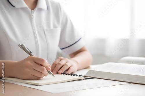 Asian Nurse Studying and Writing Notes at Desk, Healthcare Education Concept, No Face