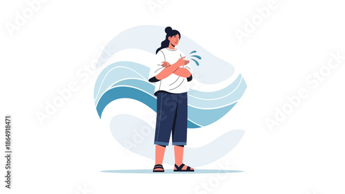 Young woman experiencing a sudden wave while standing on shore with crossed arms and concerned