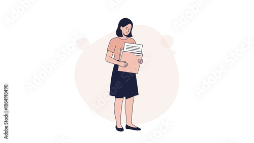 Young woman holding papers and folders in a professional setting with a neutral background
