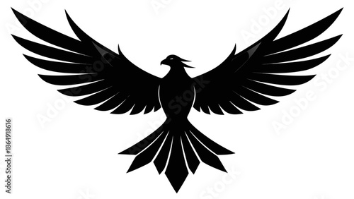 Bird silhouette flapping wings upwards, with white background