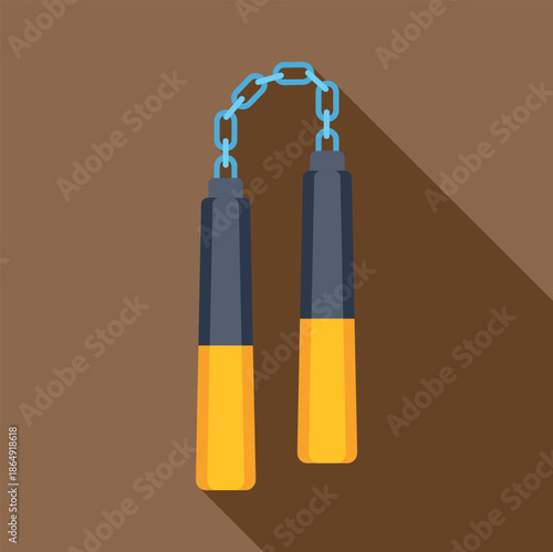 Nunchaku weapon for martial arts with chain on brown background
