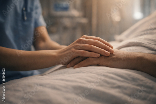 A compassionate nurse or caregiver holding the hand of a patient in a hospital bed, offering comfort and support during a difficult time.