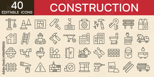 Construction icons set . buildings , home repair tools icons builder, engineering, helmet, symbols, crane, truck, safety, simple editable stroke line icons vector illustration with icon set 