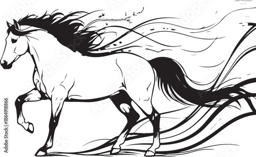 Dynamic black and white vector of a galloping horse with a flowing mane and tail, featuring elegant, sweeping lines that convey speed and motion against a clean white background.
