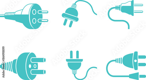 Black and white electrical plug icons set, minimalist power cable and socket silhouettes for technology and electricity design