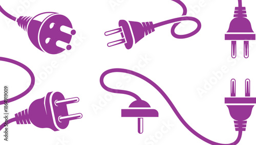 Black and white electrical plug icons set, minimalist power cable and socket silhouettes for technology and electricity design