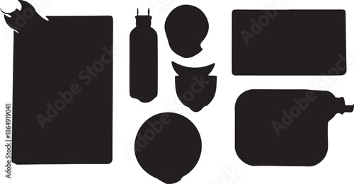 Black silhouettes of various shapes and objects on white background