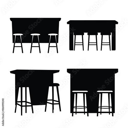 Four distinct black silhouette designs of bar counters with stools for modern interiors