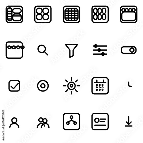 Admin layout & navigation UI (panels, grids, cards, structure) UI icon set - rounded outline SVG sheet (20 icons)