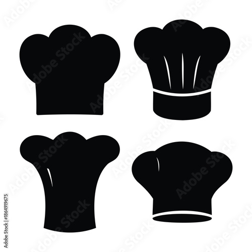 A collection of black chef hat icons representing culinary profession and cooking expertise