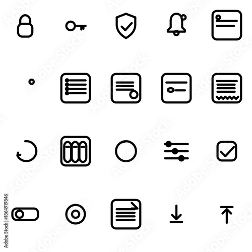 Operations, alerts, security & billing for user accounts UI icon set - rounded outline SVG sheet (20 icons)