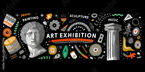 An illustrated banner showcasing various elements of art and cultural exhibition