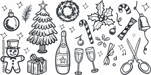 Festive christmas doodles a collection of holiday decorations and celebratory items