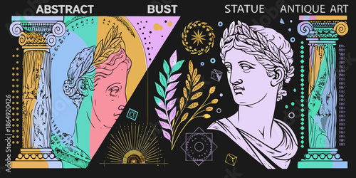 A vibrant collage featuring classical busts columns and abstract geometric designs
