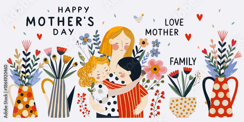 A heartwarming illustration of a mother and child with floral mother s day elements