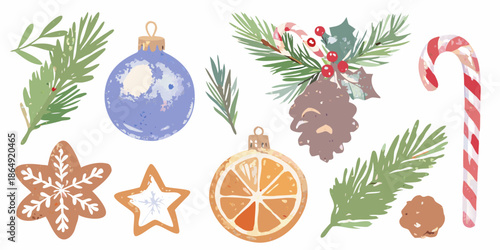 Festive watercolor christmas decorations including ornaments pine and ginger treats