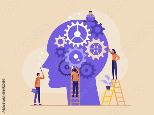 Conceptual illustration of human mind with gears and people collaborating