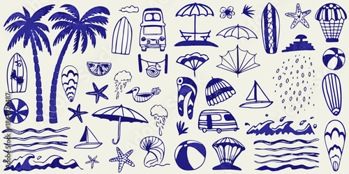 A charming blue and white illustration depicting a collection of summer vacation icons