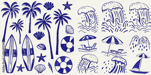 Blue line art illustration of tropical beach elements palm trees jellyfish and surfboards
