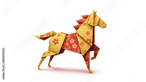 Golden Origami Horse with Floral Pattern for Chinese New Year