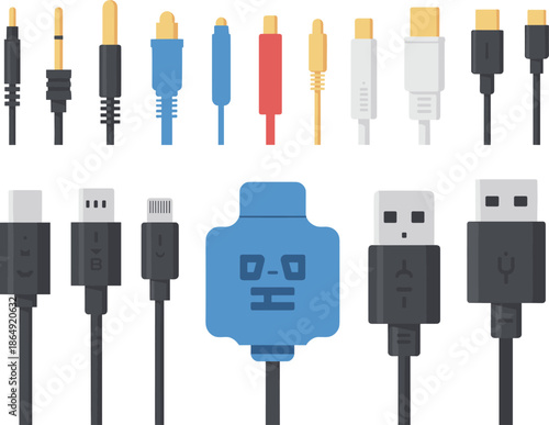 Computer cable and connector set with USB HDMI audio plugs, flat vector illustration for technology and digital devices