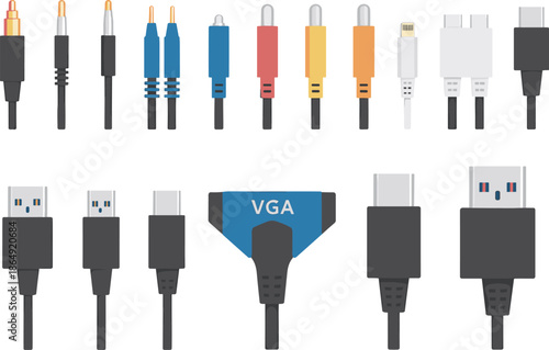 Computer cable and connector set with USB HDMI audio plugs, flat vector illustration for technology and digital devices