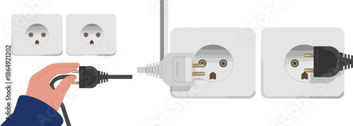 Hand plugging electrical cable into wall socket, power outlet connection sequence illustration for electricity safety and energy concept