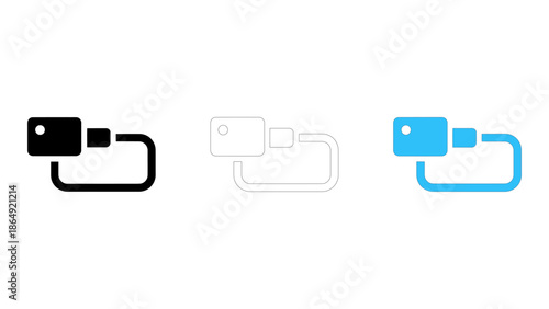 Carabiner clip icon set for climbing and security applications in different styles
