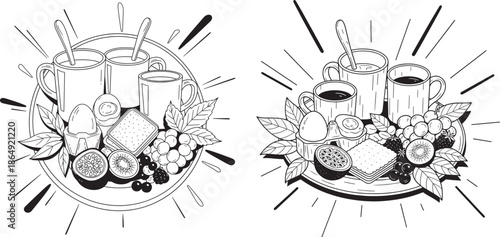 Healthy breakfast tray with coffee mugs boiled eggs fruit and toast line art vector illustration