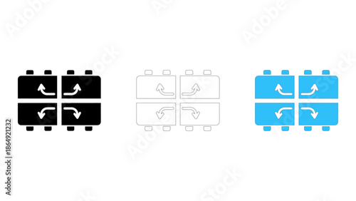 Network switch ports data flow arrows icon set in black, outline, and blue styles for it infrastructure concept