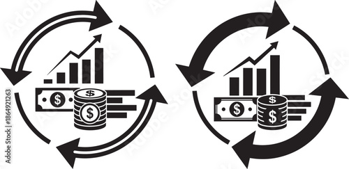 Business financial growth icons with dollar bills coins and rising bar charts in circular arrows