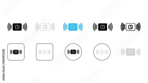 Set of 10 different icon styles for a wireless signal transmitting device, such as a sensor or remote control, isolated