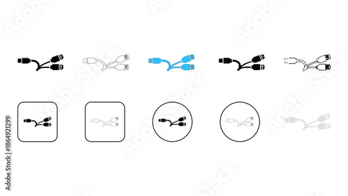 Set of audio video rca connector cable icons and symbols in various styles black, outline, color, flat, and line art