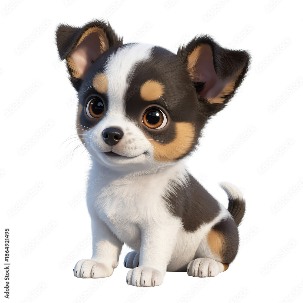 Obraz premium Curious black and white puppy with tan markings and large upright ears sitting isolated on white background cartoon illustration