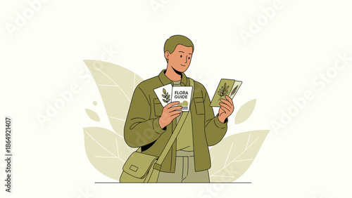 Young Man Holding Flora Guides Botanical Exploration In Nature Discovery