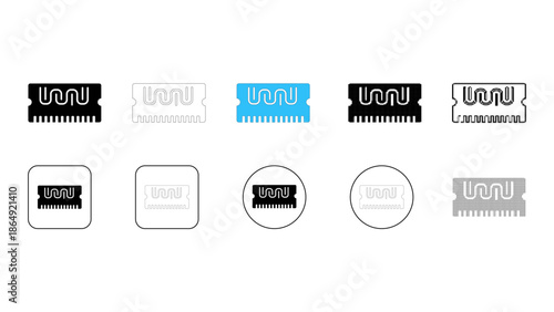 Set of ram memory module icons and symbols in various styles solid, outline, colored, and circular shapes for computer h