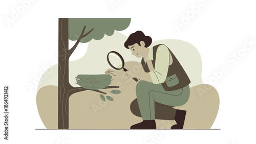 Young Man Investigating a Birds Nest in Nature with Magnifying Glass