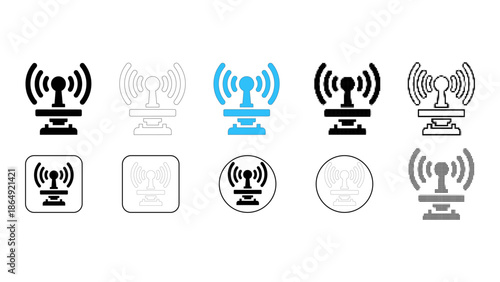 Set of ten different styles of satellite dish or antenna icons representing wireless signal transmission and communicati