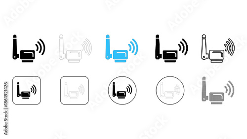 Set of ten icons representing a wifi router or wireless network device in various styles solid, outline, colored, and wi