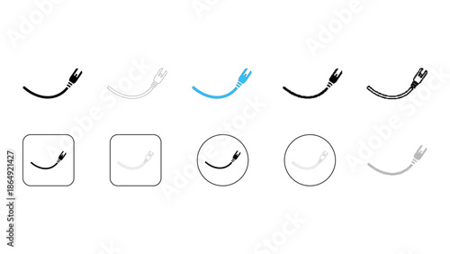 Set of ten different styles of electrical plug icons, including solid, outline, and colored versions, isolated on white