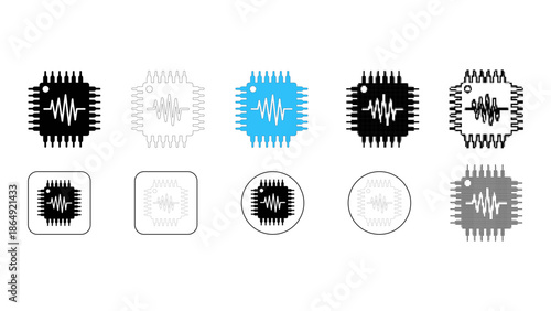Set of ten icons representing a microchip or integrated circuit with an oscilloscope waveform inside, in various styles