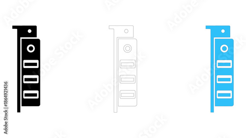 Set of three computer graphics card bracket icons, black silhouette, outline, and blue solid fill, isolated on white bac