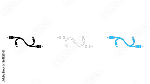 Set of three audio cable icons, black silhouette, outline, and blue color, isolated on white background